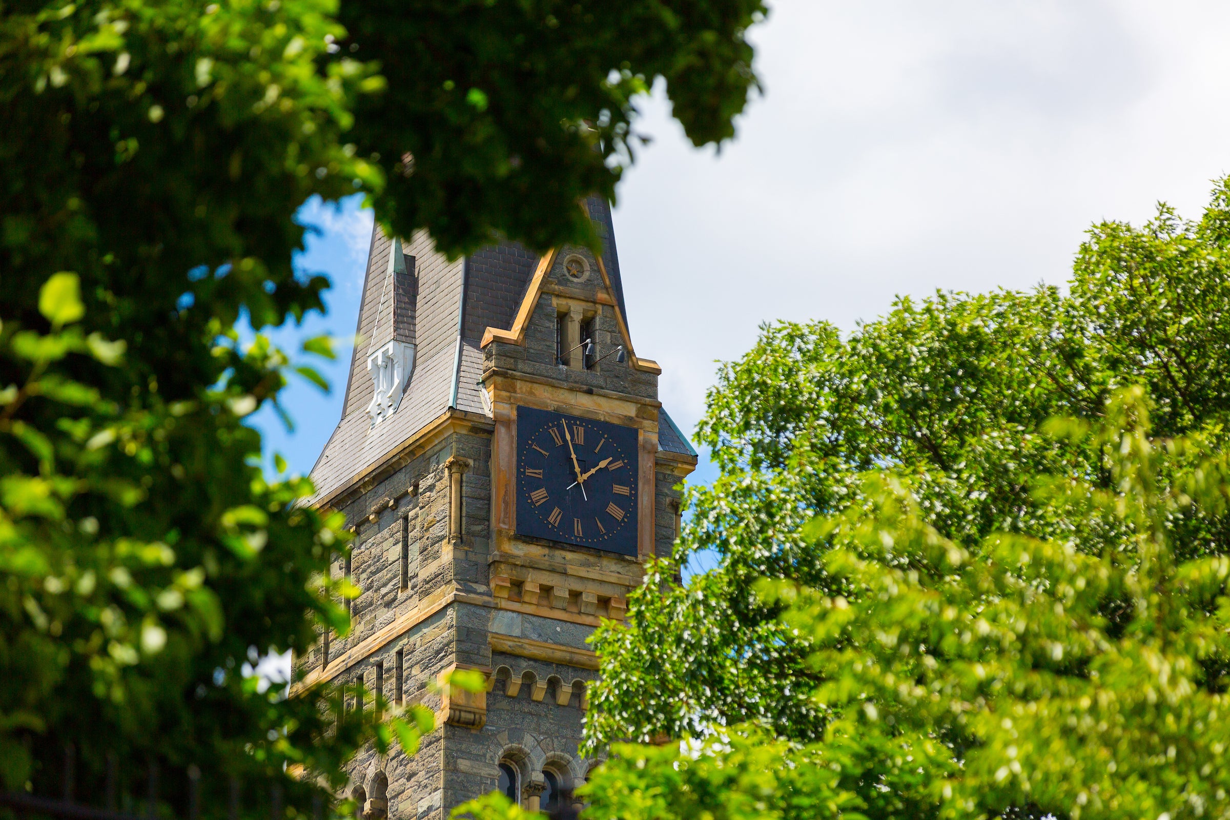 Close up of the Healy Hall clock tower, surrounded by leafy green trees.